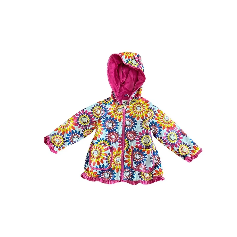 OshKosh Bgosh Girls 3T Floral Rain Jacket Multicolor Hooded Pockets Lined